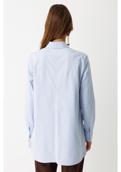 Arkası Dikiş Detaylı Pamuk Gömlek Mavi indirimleri