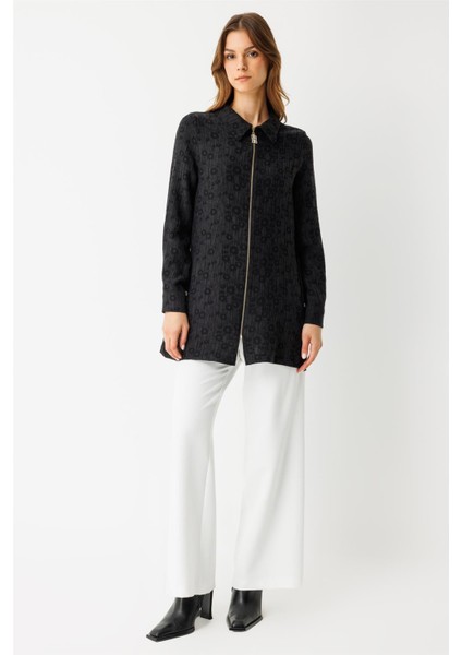 Kendinden Desenli Fermuar Kapamalı Tunik Siyah