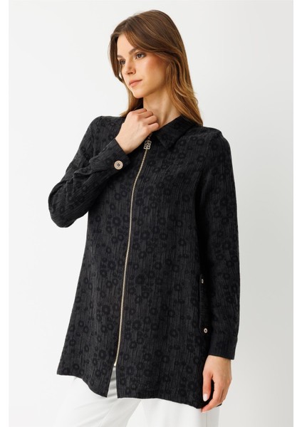 Kendinden Desenli Fermuar Kapamalı Tunik Siyah modelleri