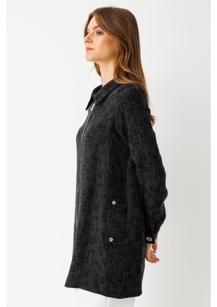 Kendinden Desenli Fermuar Kapamalı Tunik Siyah fırsatları