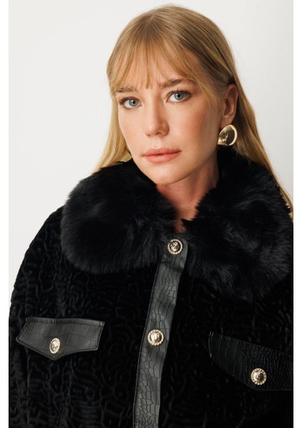 Yakası Kürklü Deri Detaylı Mont Siyah 06611 fiyatları