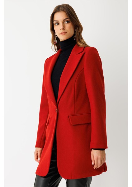 Tek Düğmeli Yün Içerikli Keçe Ceket Kırmızı