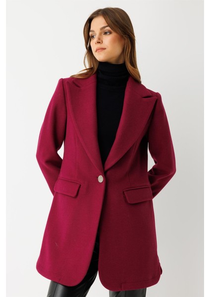 Tek Düğmeli Yün Içerikli Keçe Ceket Mor