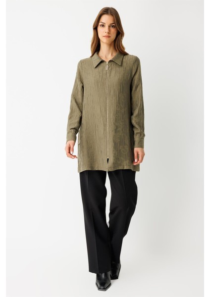 Kendinden Desenli Fermuar Kapamalı Tunik Haki fiyatları