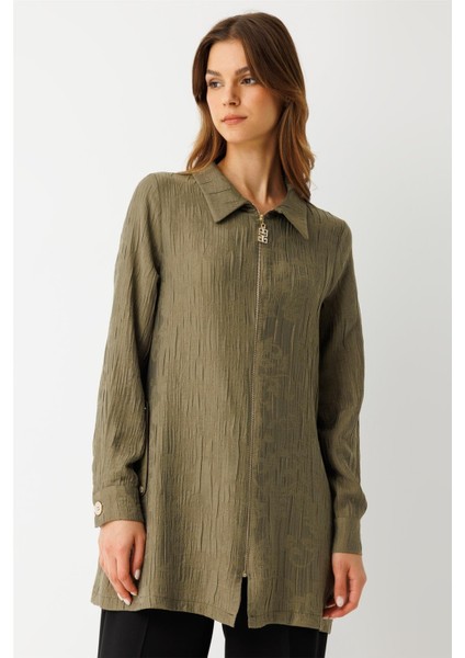 Kendinden Desenli Fermuar Kapamalı Tunik Haki modelleri