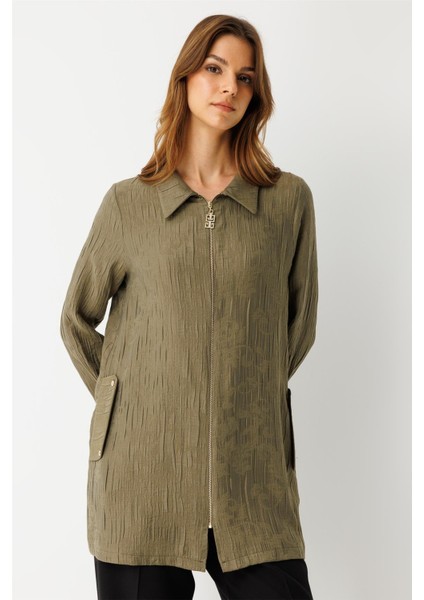 Kendinden Desenli Fermuar Kapamalı Tunik Haki fırsatları
