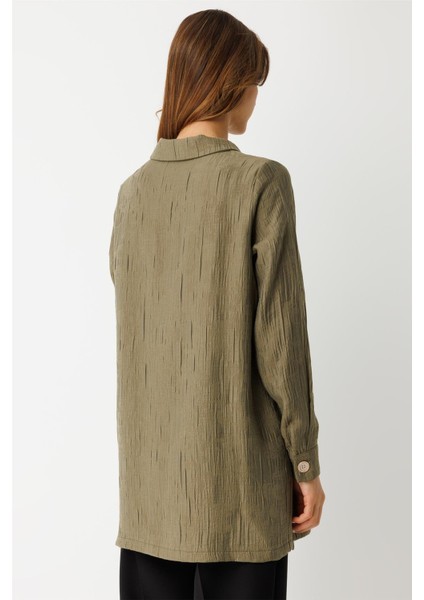 Kendinden Desenli Fermuar Kapamalı Tunik Haki indirimleri