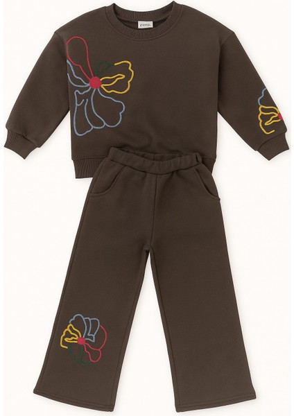 Kız Çocuk Eşofman Takımı 3 Iplik Şardonlu – Renkli Çiçek Nakışlı Sweat & Geniş Paça Alt