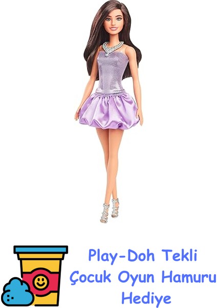 Büyüleyici Parti Bebekleri - Mor Metalik Elbiseli Esmer Payetli Mor Elbisesi ve Gümüş Rengi Aksesuarlarıyla Kahverengi Saçlı Barbie Fashionistas Bebek (234) Hyt + Play-Doh Oyun Hamuru