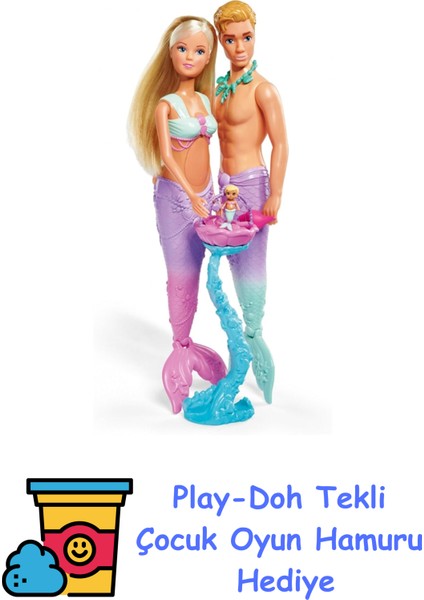 105733524 Steffi Love Mermaid Family Giydirilebilir Oyuncak Bebekler, Hamile Deniz Kızı ve Deniz Adamı Kevin, Bebek Yatağı Ile, 29 Cm, 3 Yaş ve Üzeri Çocuklar Iç + Play-Doh Oyun Hamuru