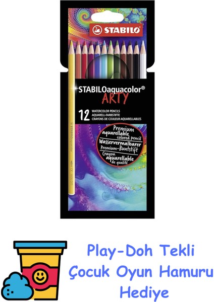 Stabılo Aquacolor Arty - Kuru Boya Kalemi - 12'li Paket - Çeşitli Renkler + Play-Doh Oyun Hamuru