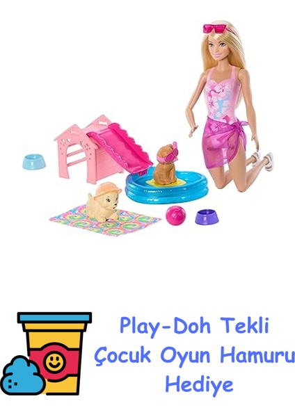 Köpekçikle Havuz Partisi Oyun Seti, Kaydıraklı Köpek Kulübesi, Kalp Şeklinde Havuz, 2 Köpek Figürü ve 6 Aksesuarla Renk Değişimi Özellikli, JBF35 + Play-Doh Oyun Hamuru