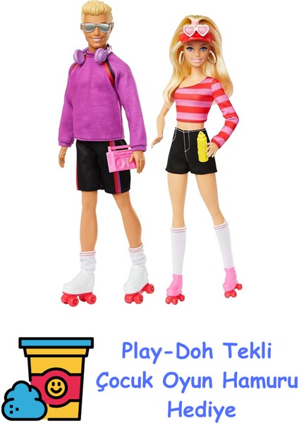 & Ken 65. Yıl 2'li Parti Bebekler Barbie & Ken 65. Yıl 2'li Parti Bebekler ve 6 Aksesuarlı Set, Paten Teması, 65. Yıl Dönümü HXK90 + Play-Doh Oyun Hamuru