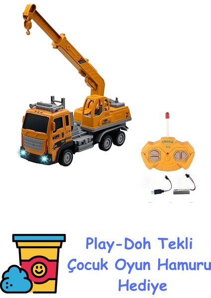 Uzaktan Kumandalı Şarjlı Full Fonksiyon Işıklı Inşaat Makineleri 27 Mhz 1:16 Ölçek (Vinç) + Play-Doh Oyun Hamuru
