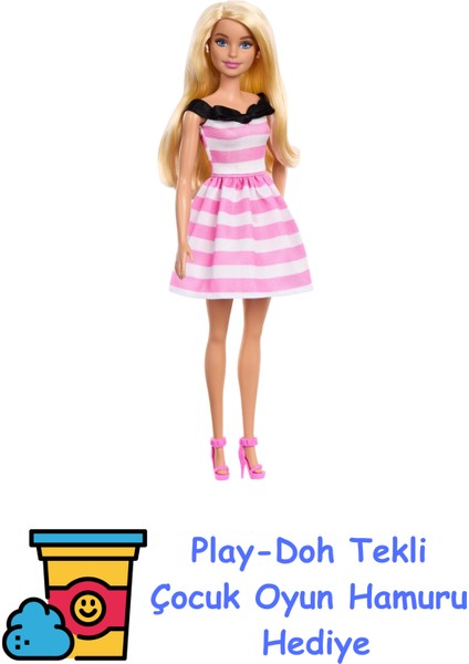 Pembe Beyaz Çizgili Elbisesi ve Topuklu Ayakkabılarıyla 65. Yıla Özel Sarışın Bebek ve Aksesuarları, HTH66 + Play-Doh Oyun Hamuru