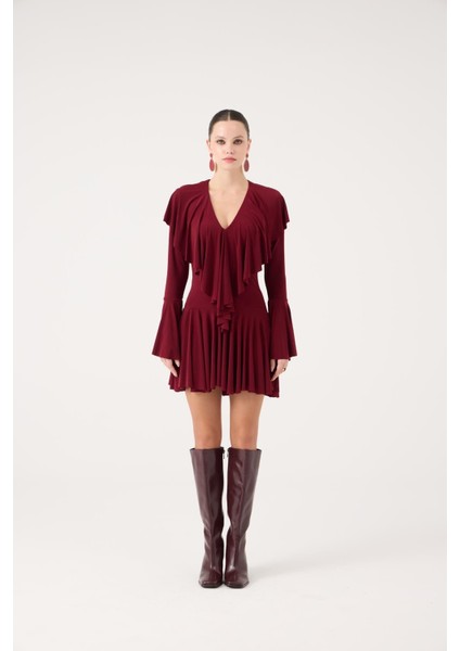 Fırfırlı Mini Yolanthe Elbise Bordo