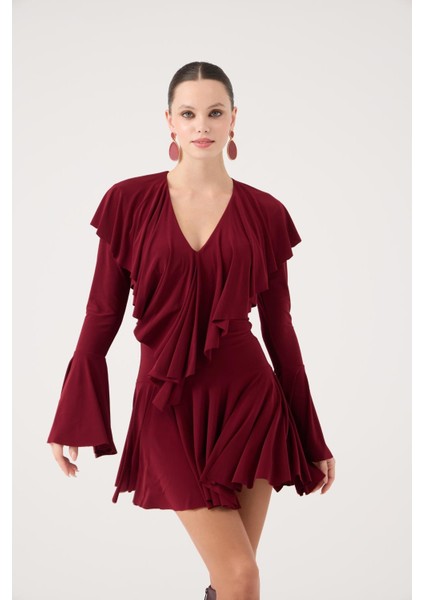 Fırfırlı Mini Yolanthe Elbise Bordo fırsatları