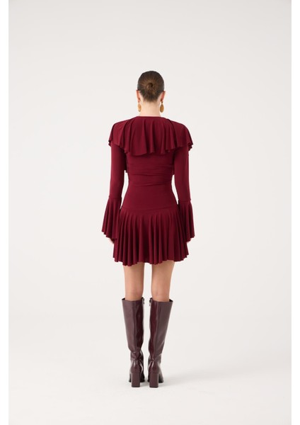 Fırfırlı Mini Yolanthe Elbise Bordo indirimleri