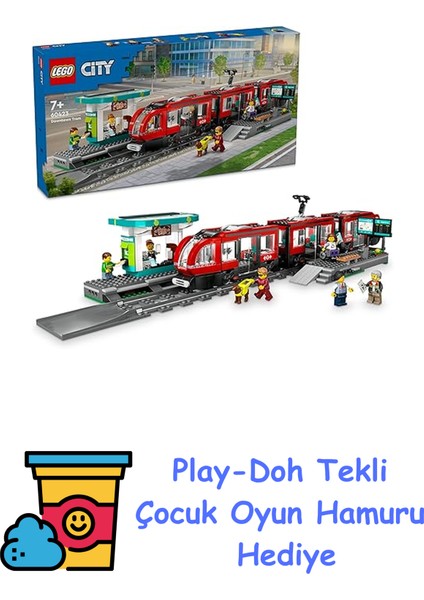 City Şehir Merkezi Tramvay Istasyonu 60423-7 Yaş ve Üzeri Kız ve Erkek Çocuklar Için 6 Minifigür ve 1 Yardımcı Köpek Figürü Içeren Araç Yapım Seti, Doğum Günü Hed + Play-Doh Oyun Hamuru