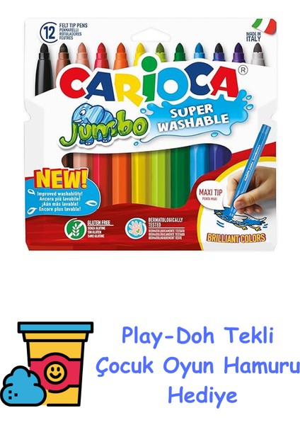 Jumbo Süper Yıkanabilir Keçeli Boya Kalemi, 12'li + Play-Doh Oyun Hamuru