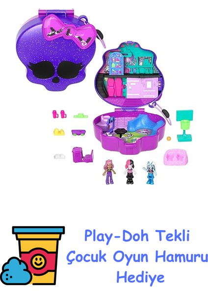 ™ Monster High Temalı Kompakt Oyun Seti 3 Mikro Bebek ve 10 Aksesuar Bulunan, Açıldığında Liseye Dönüşen Polly Pocket Monster High Kompakt Oyun Seti HVV58 + Play-Doh Oyun Hamuru