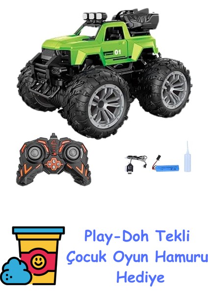 Oyuncak 4x4 Uzaktan Kumandalı Duman Atan 4 Çeker Motor Şarjlı Hız Vites Tuşlu Araba Buhar Atan Yüksek Teker Araba 15 Km/h Hız Mavi, Yeşil, Kırmızı (Yeşil) + Play-Doh Oyun Hamuru