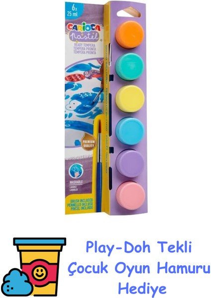 Pastel Tempera Suluboya Süper Yıkanabilir Fırçalı 6 * 25 ml 6 Renk Karışık + Play-Doh Oyun Hamuru