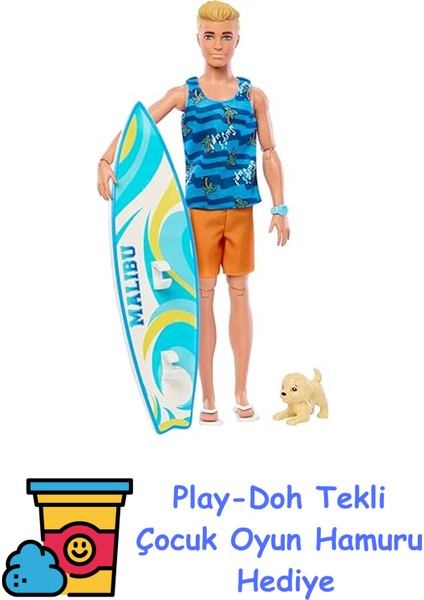 Sörf Tahtası ile Ken Bebek, Bükülebilir Sarışın Barbie, Havlu Gibi Temaya Uygun Aksesuarlarıyla Ken Plaj Bebeği, HPT50 + Play-Doh Oyun Hamuru