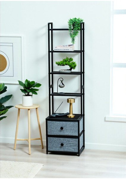 Dekoratif Siyah Metal Kitaplık 5 Raflı 2 Çekmeceli Komidin Çok Amaçlı Stand Organizer