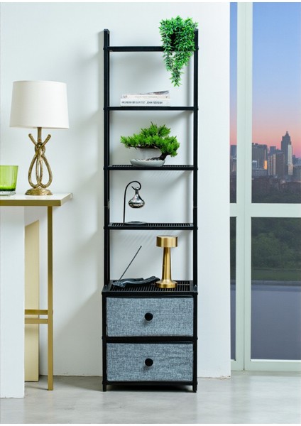 Dekoratif Siyah Metal Kitaplık 5 Raflı 2 Çekmeceli Komidin Çok Amaçlı Stand Organizer fiyatları