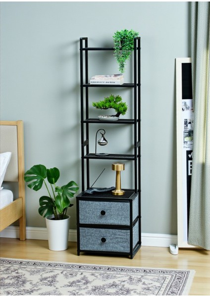 Dekoratif Siyah Metal Kitaplık 5 Raflı 2 Çekmeceli Komidin Çok Amaçlı Stand Organizer modelleri