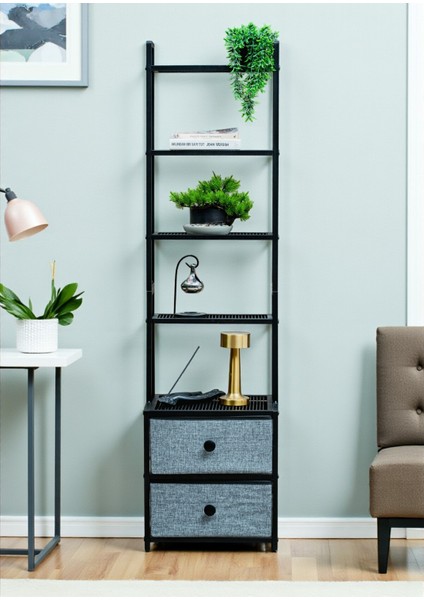 Dekoratif Siyah Metal Kitaplık 5 Raflı 2 Çekmeceli Komidin Çok Amaçlı Stand Organizer