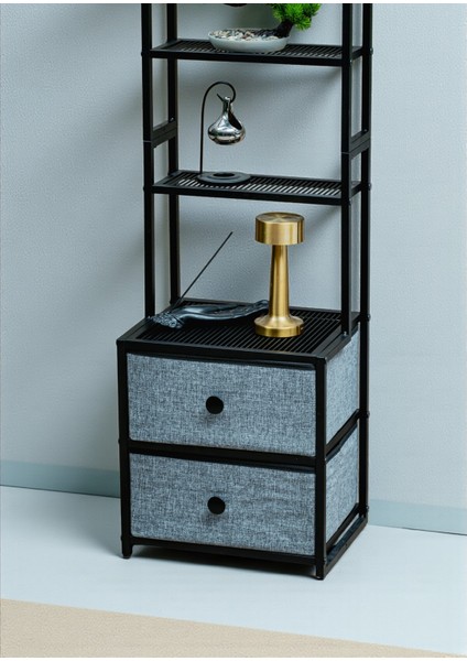 Dekoratif Siyah Metal Kitaplık 5 Raflı 2 Çekmeceli Komidin Çok Amaçlı Stand Organizer