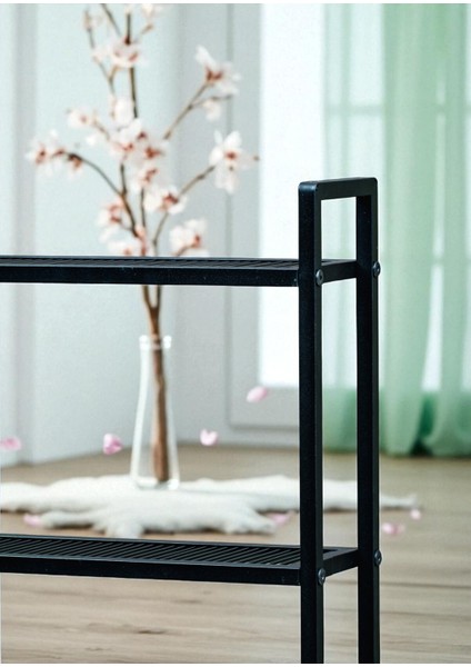 Dekoratif Siyah Metal Kitaplık 5 Raflı 2 Çekmeceli Komidin Çok Amaçlı Stand Organizer