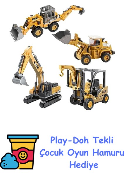 Oyuncak Kutulu Metal Başlıklı Iş Makinaları Seti Kepçe Bulldozer Forklift 4 Ü 1 Arada Set Sürtmeli 1:70 Ölçek Full Metal Başlık Rc Iş Makinası Setleri + Play-Doh Oyun Hamuru