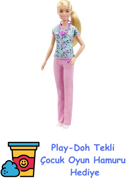 Hemşire Bebek, Sarı Saçlı Barbie Hemşire Bebek (30,40 Cm), 3 Yaş ve Üzeri Kızlar Için Harika Bir Hediyedir, GTW39 + Play-Doh Oyun Hamuru