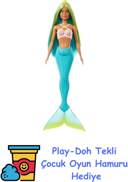 Bebek Mavi ve Sarı Renkli Saçları, Turkuaz Kuyruğu ve Saç Aksesuarıyla Barbie Deniz Kızı Bebek HRR03 + Play-Doh Oyun Hamuru