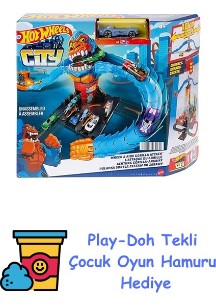 Wreck & Ride Gorilla Düşman Yaratıklar Oyun Seti, 1 Adet Hot Wheels Araba, Diğer Setlerle Birleştirilebilir, Benzin Istasyonu Temalı Set, 4-8 Yaş Arası Çocu + Play-Doh Oyun Hamuru