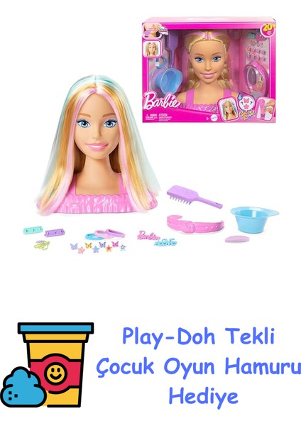 Saç Tasarımı Büstü Barbie Saç Tasarımı Büstü, Sarı Saç ve 20'den Fazla Saç Şekillendirme Aksesuarı JFG81 + Play-Doh Oyun Hamuru