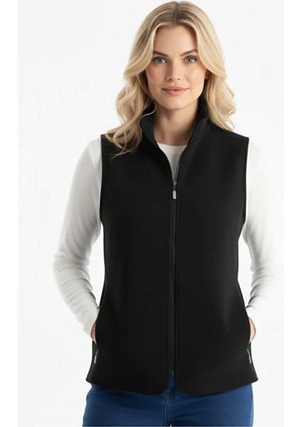 Dik Yaka Kadın Siyah Polar Outdoor Yelek