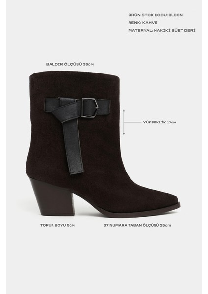 Bloom Bitter Kahve Süet Hakiki Deri Sivri Burun Kalın Topuklu Kemer Detay Kadın Bot modelleri