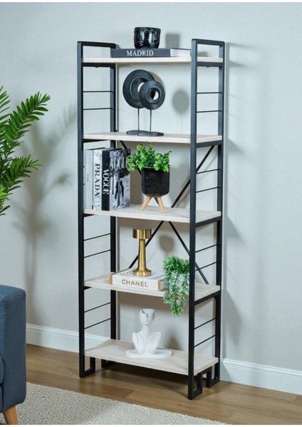 Dekoratif Beyaz Ahşap Raflı Metal Kitaplık Çok Amaçlı 5 Raflı Dolap Matkapsız Kolay Kurulum