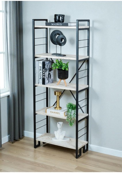 Dekoratif Beyaz Ahşap Raflı Metal Kitaplık Çok Amaçlı 5 Raflı Dolap Matkapsız Kolay Kurulum