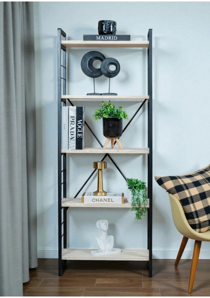 Dekoratif Beyaz Ahşap Raflı Metal Kitaplık Çok Amaçlı 5 Raflı Dolap Matkapsız Kolay Kurulum