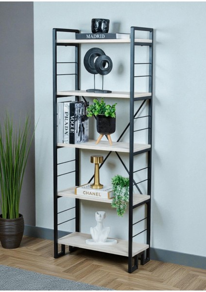 Dekoratif Beyaz Ahşap Raflı Metal Kitaplık Çok Amaçlı 5 Raflı Dolap Matkapsız Kolay Kurulum
