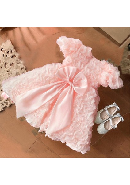 Kız Çocuk Abiye Elbise-Fırfırlı Kabrık Model,büyük Fiyonk Detaylı,krem ve Pambe Renk