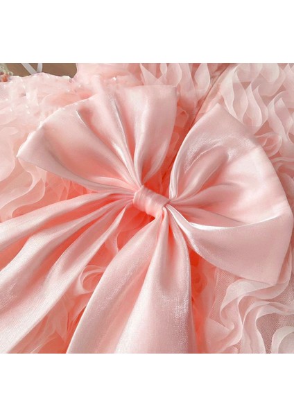 Kız Çocuk Abiye Elbise-Fırfırlı Kabrık Model,büyük Fiyonk Detaylı,krem ve Pambe Renk fiyatları