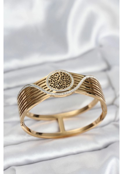 Bfs 316L Çelik Gold Renk Yaşam Ağacı Modelli Kadın Kelepçe Bileklik