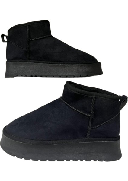 Kadın Siyah Süet Içi Kürklü Kalın Taban Bilekte Kısa Kadın Bot & Bootie