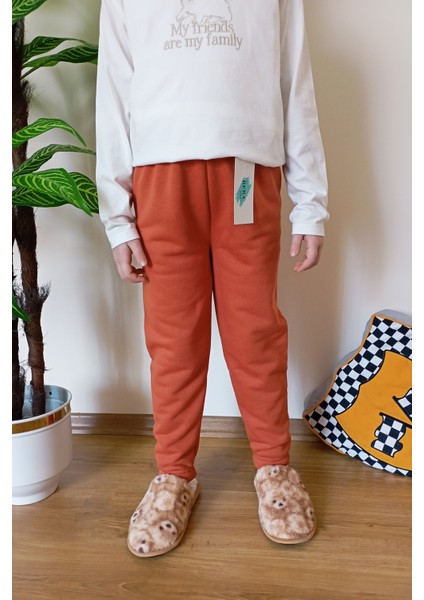 Çocuk Kiremit 2 Iplik Şardonlu Paçası Lastikli Kışlık Eşofman Altı modelleri